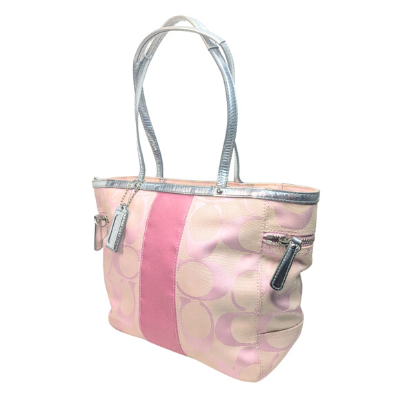 Copied - COACH Pink Monogram Striped Shoulder Tote Bag - Picture 1 of 6